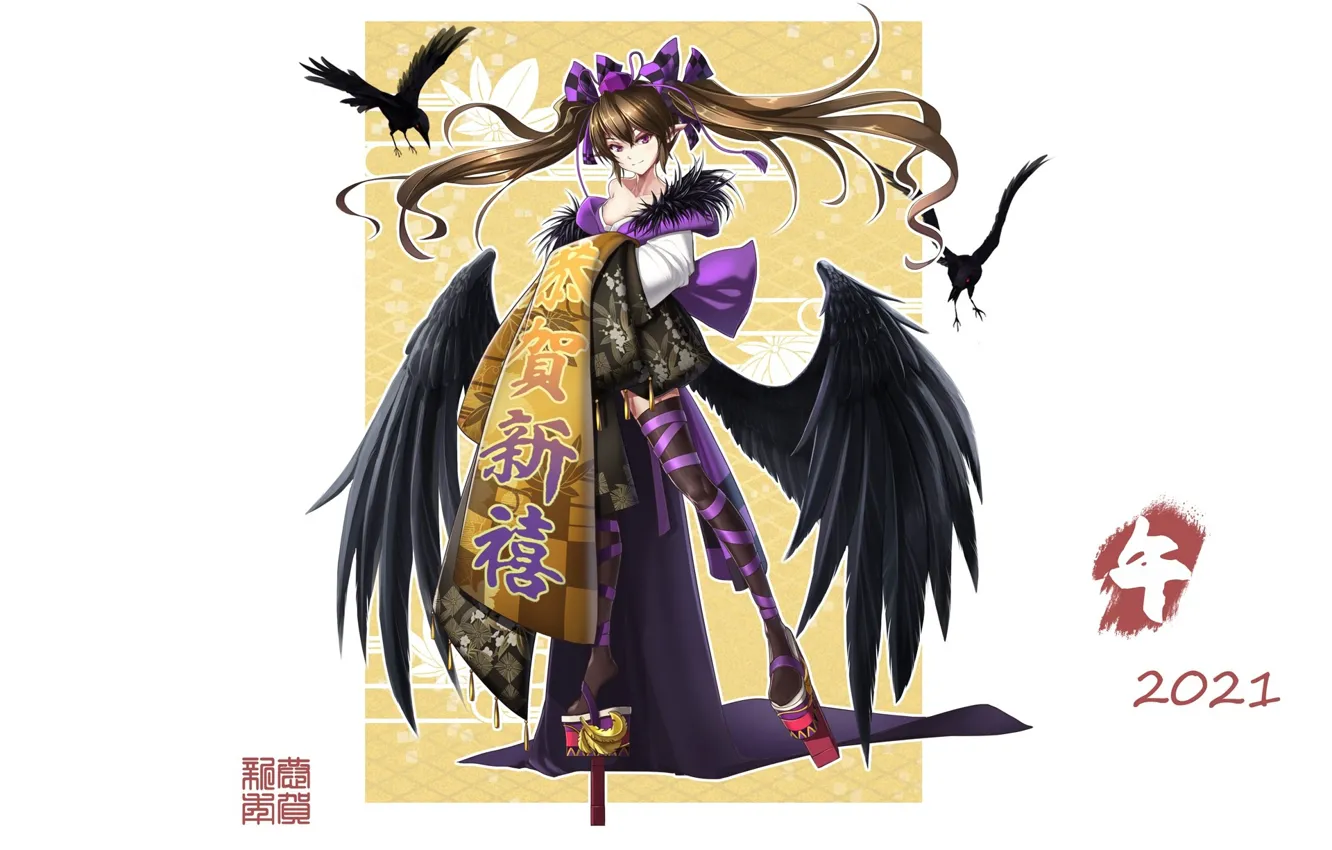 Photo wallpaper characters, neckline, white background, crows, fur, black stockings, two tails, black wings