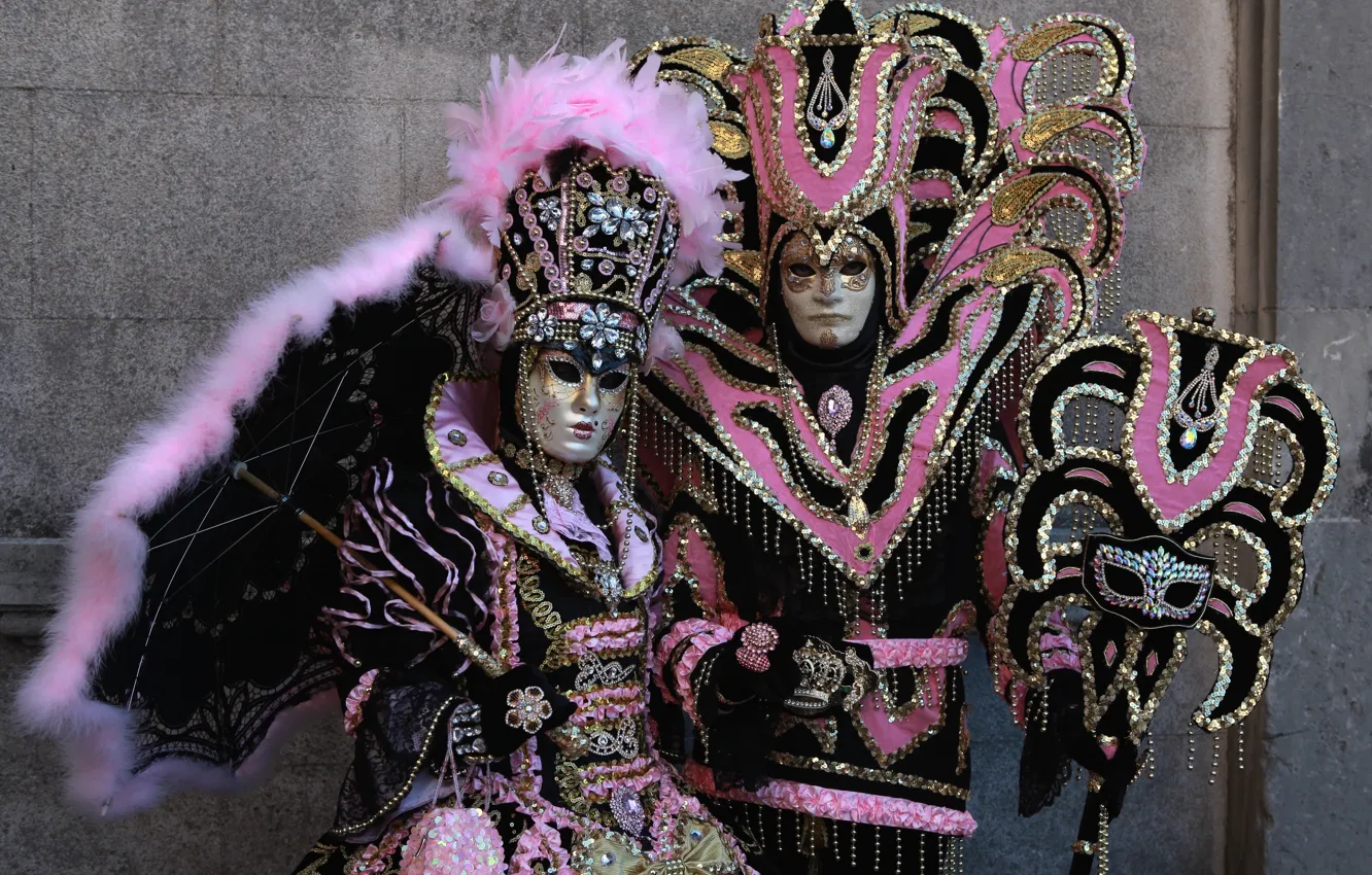 Photo wallpaper umbrella, feathers, mask, pair, costume, Venice, carnival