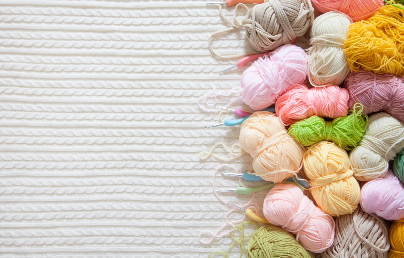 Photo wallpaper background, spokes, balls, hooks, knitting, yarn, knitted