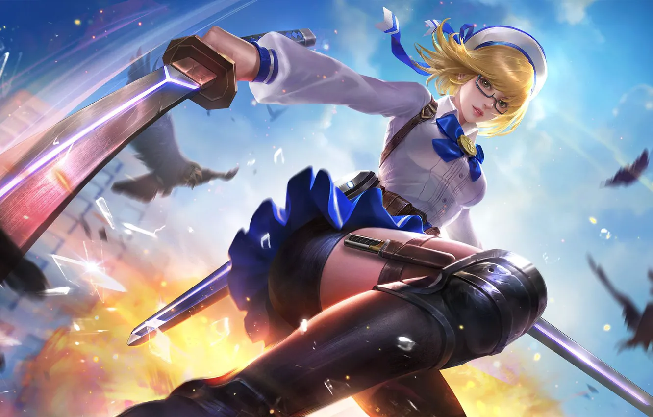 Photo wallpaper look, weapons, bird, the game, flash, sword, game, uniform