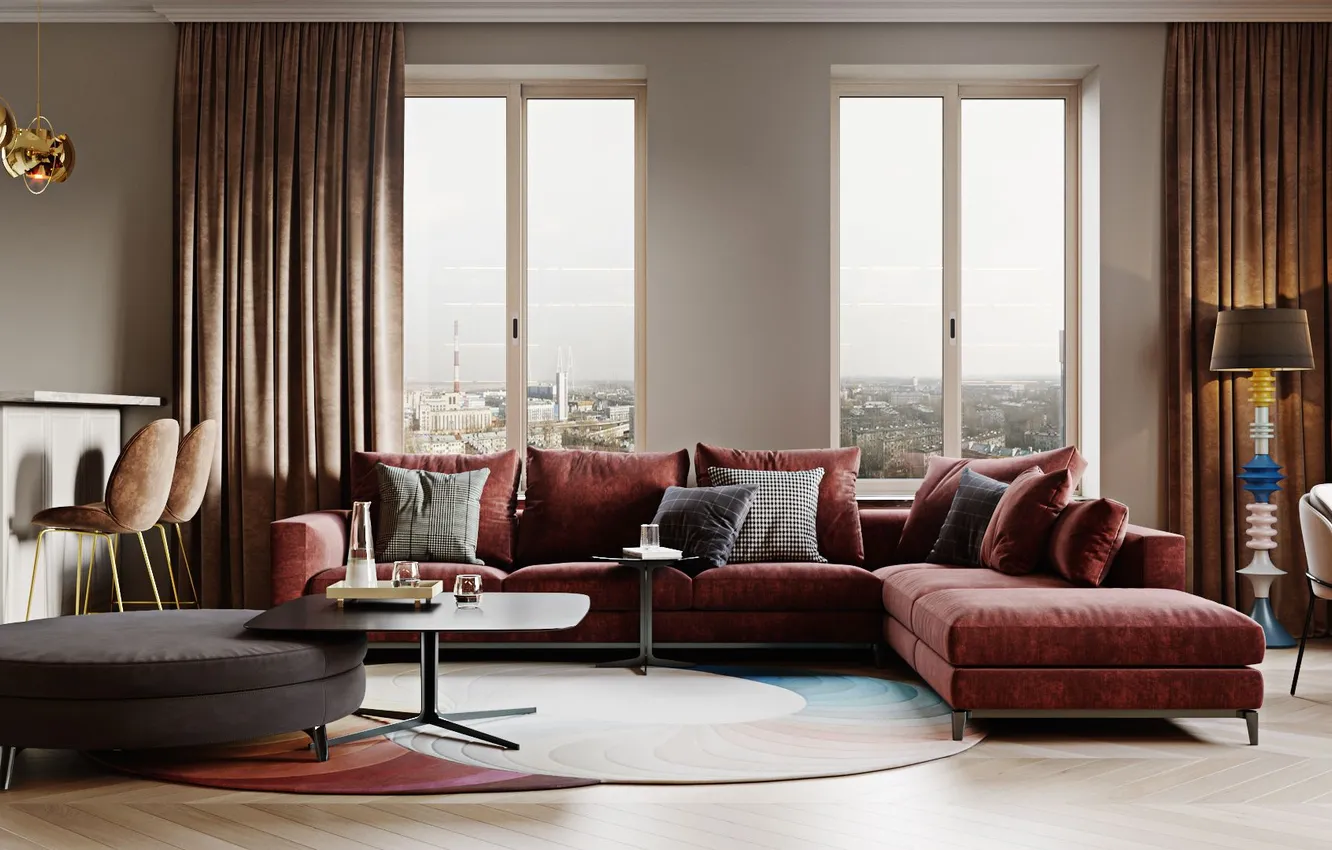 Photo wallpaper design, style, interior, Peter, living room, luxury upholstered furniture, Smolny Park Residential Complex