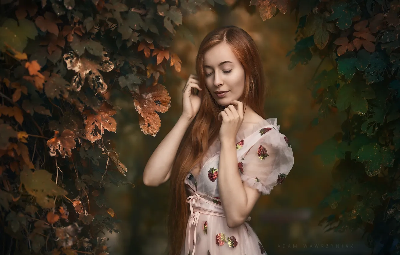 Photo wallpaper leaves, girl, nature, dress, red, Adam Wawrzyniak