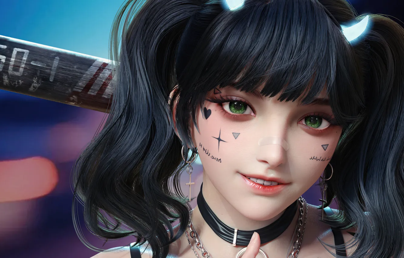 Photo wallpaper girl, green eyes, heart, anime, pretty, tattoo, bat, face