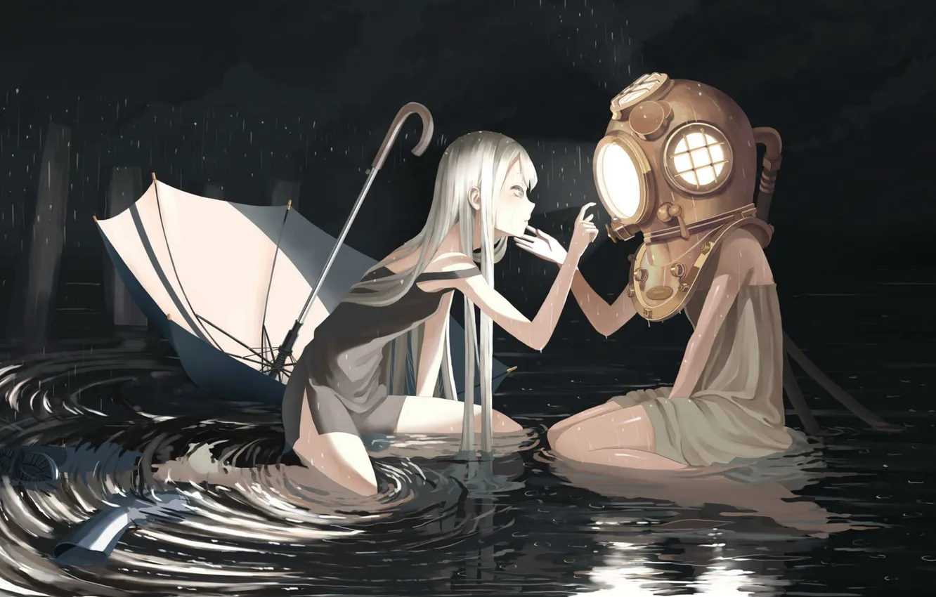 Photo wallpaper water, girl, rain, wire, umbrella, anime, art, helmet