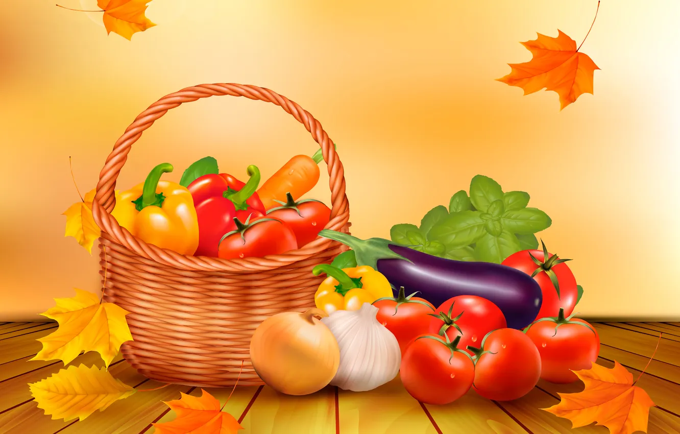 Photo wallpaper autumn, leaves, basket, harvest, pumpkin, vegetables, autumn, still life