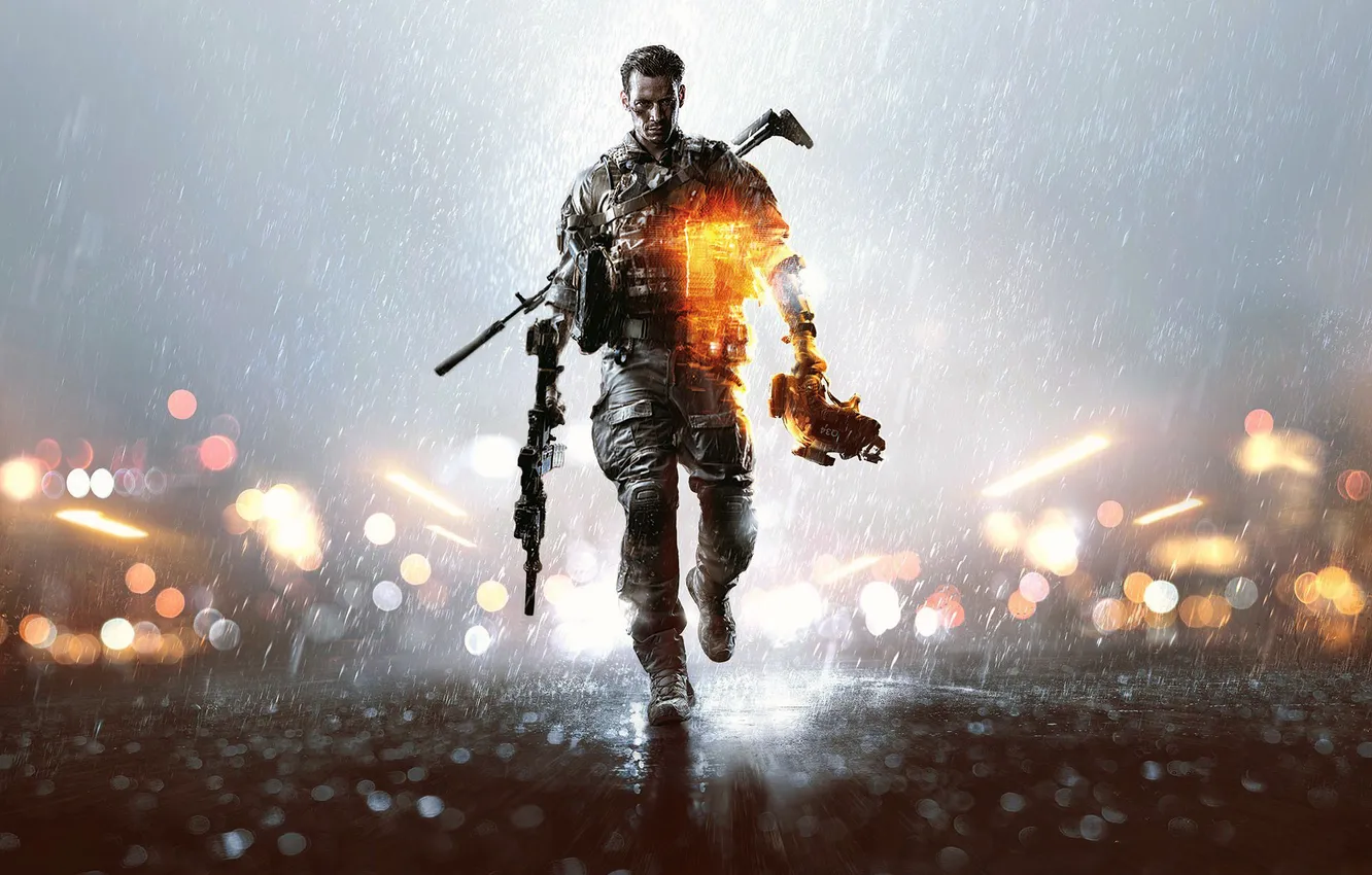 Photo wallpaper lights, weapons, rain, soldiers, helmet, equipment, helmet, the vest