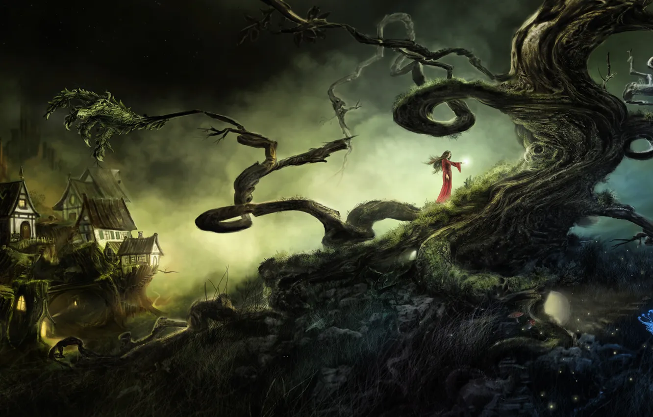 Photo wallpaper girl, trees, magic, home