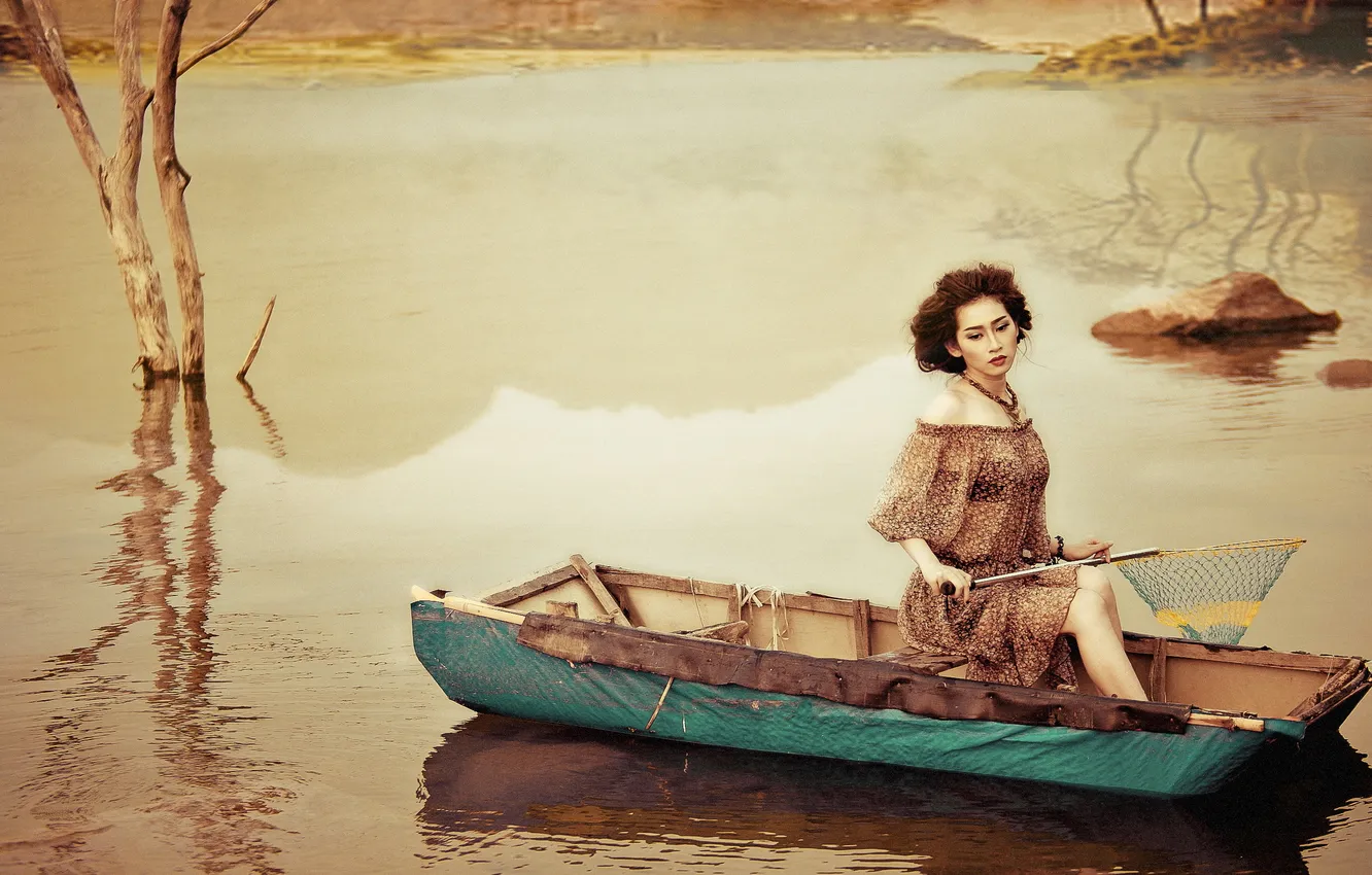 Photo wallpaper girl, lake, boat