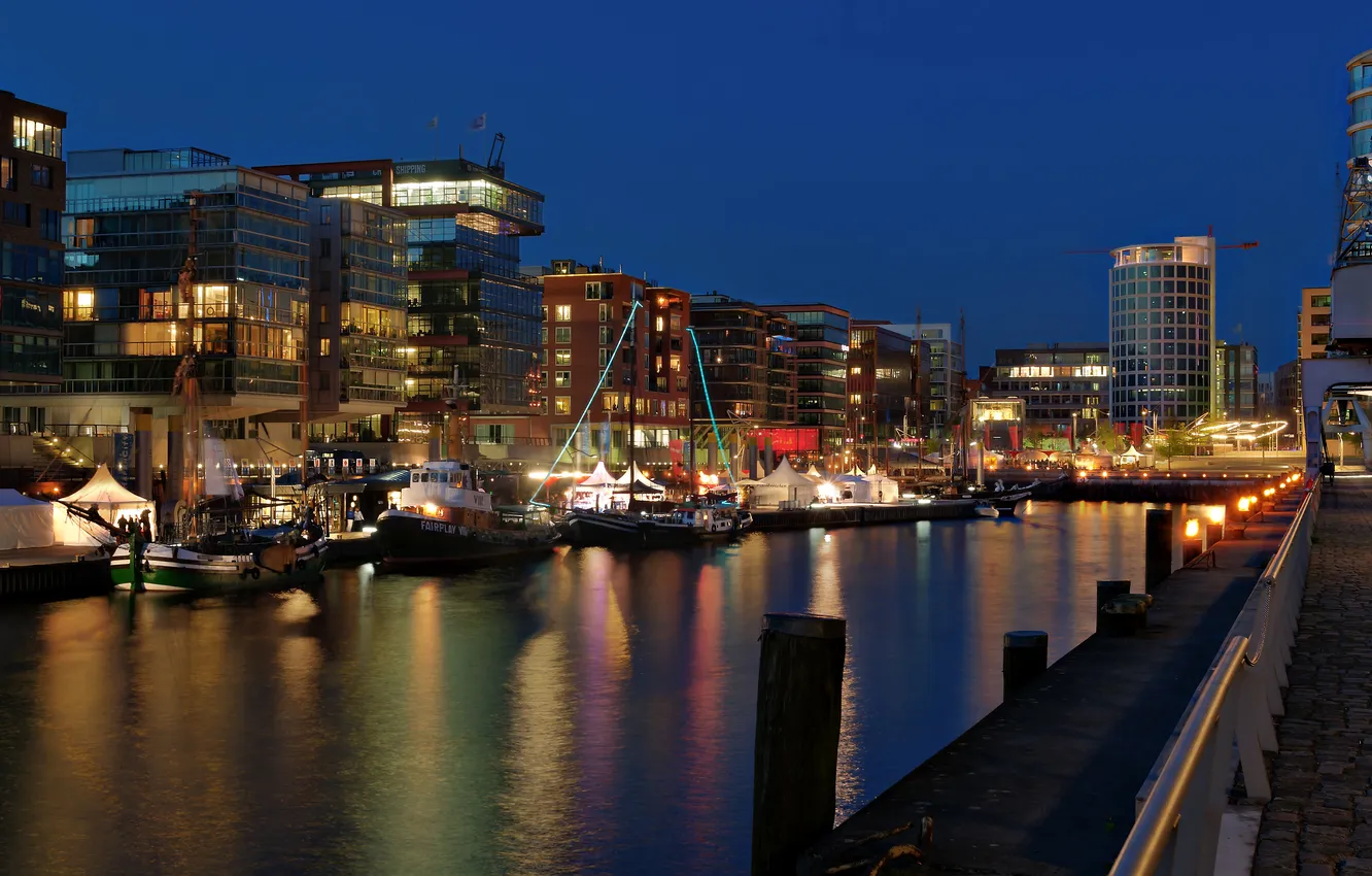 Photo wallpaper night, lights, home, Germany, pier, boat, lights, channel
