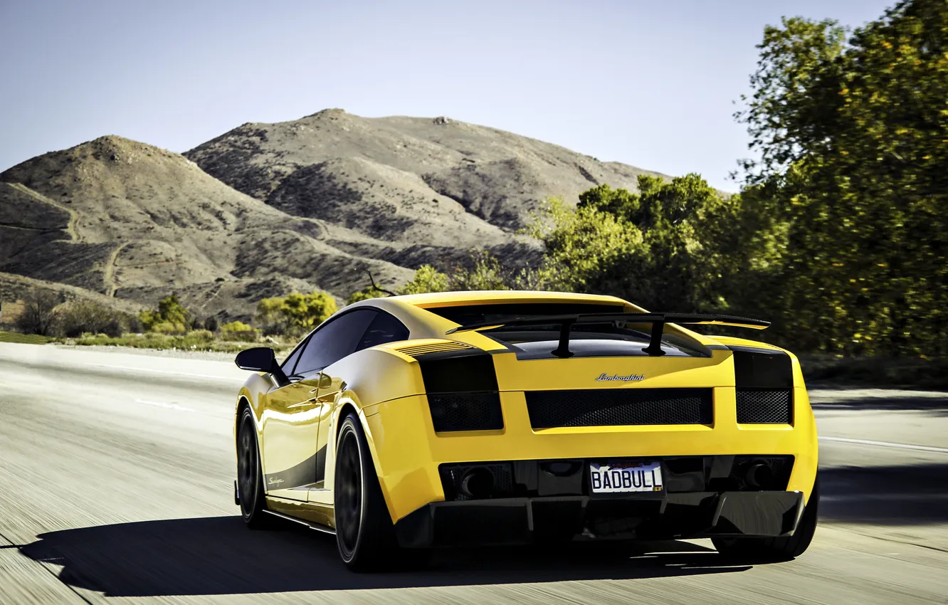 Photo wallpaper road, the sky, mountains, yellow, Lamborghini, Superleggera, Gallardo, Lamborghini
