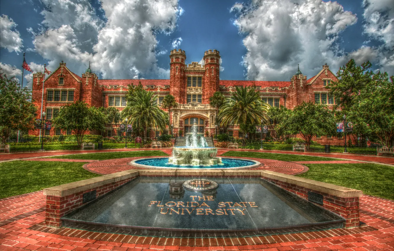 Photo wallpaper palm trees, lawn, treatment, FL, fountain, USA, University, Florida State University