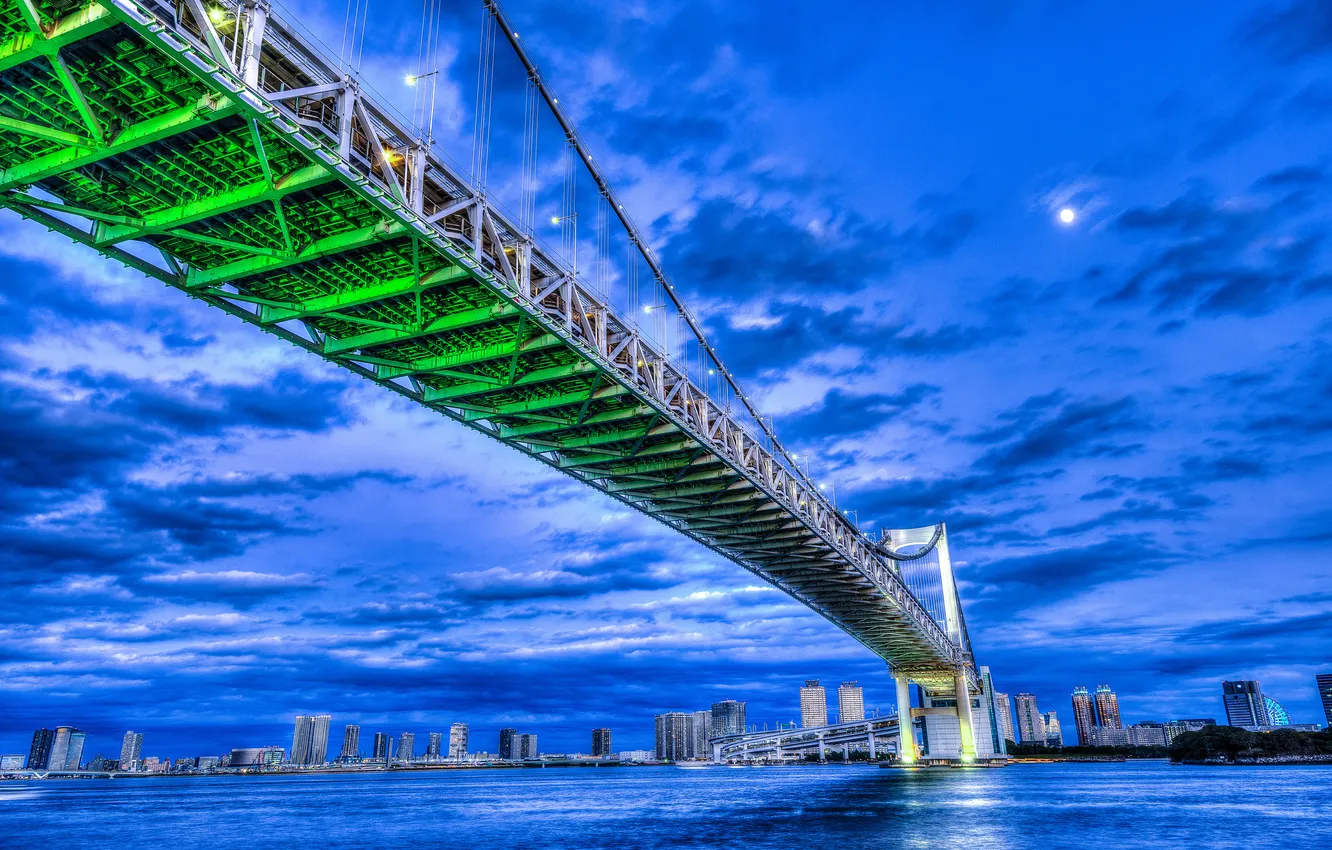 Photo wallpaper clouds, night, bridge, the moon, home, Japan, Tokyo, support