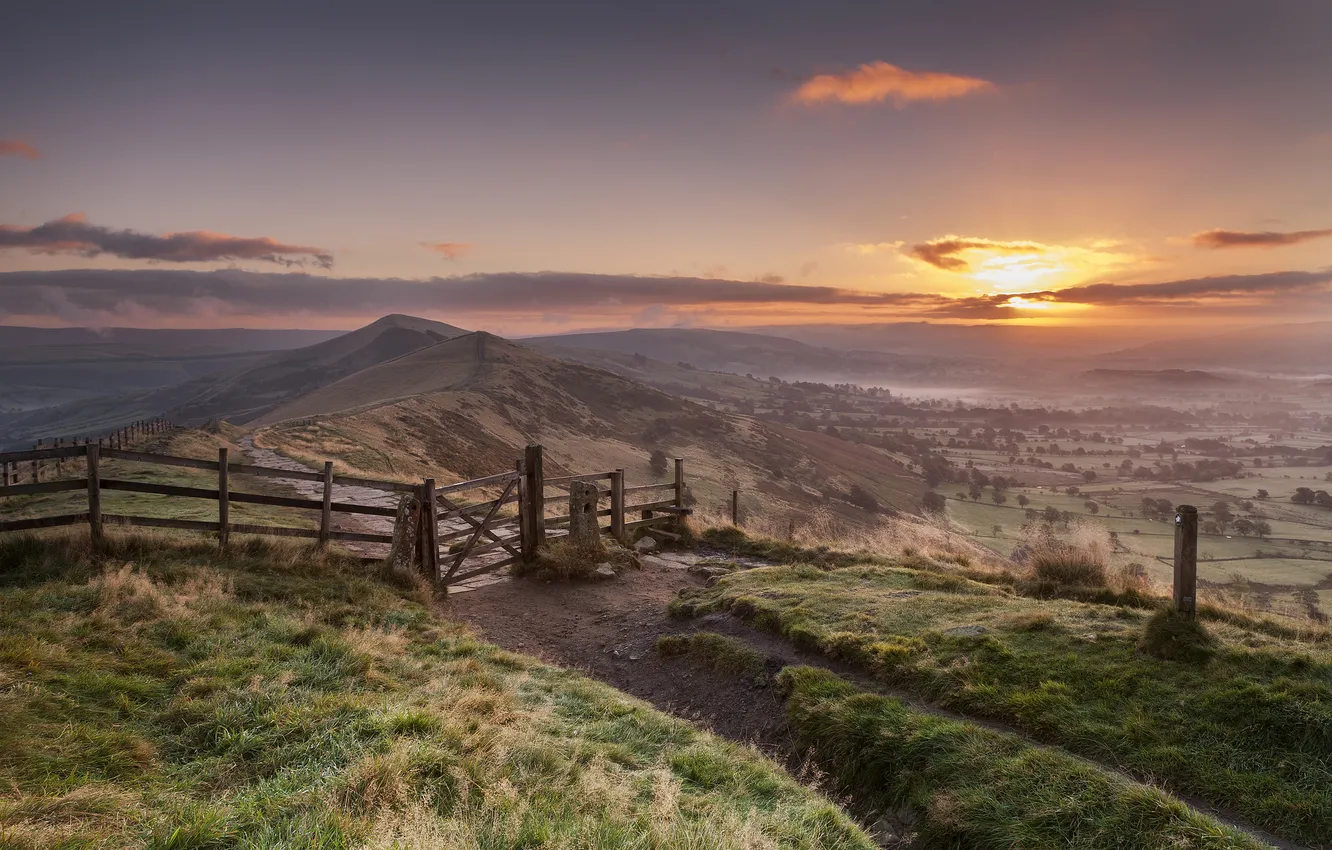 Photo wallpaper the sky, grass, landscape, sunset, the fence, trail
