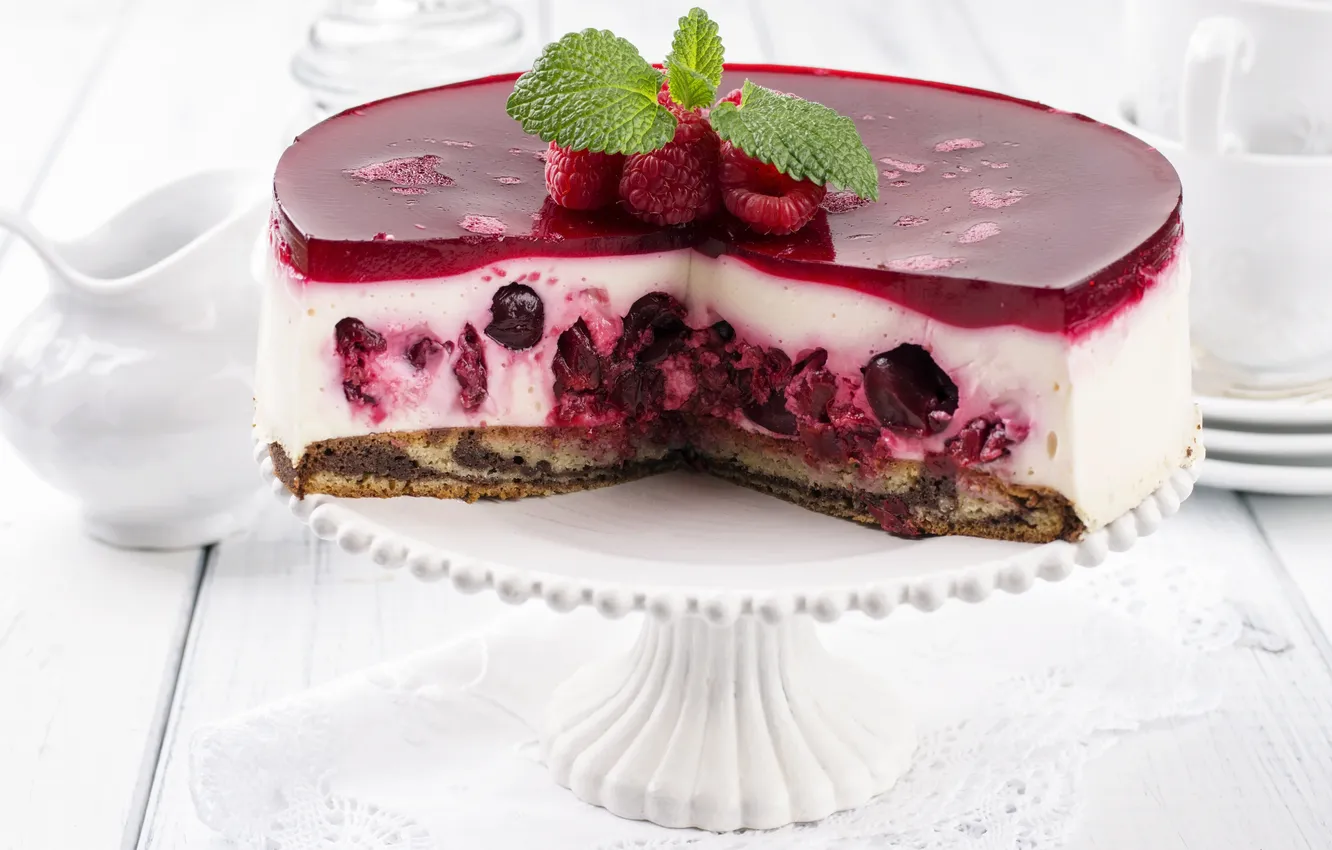 Photo wallpaper berries, raspberry, sweets, mint, cakes, cake, jelly
