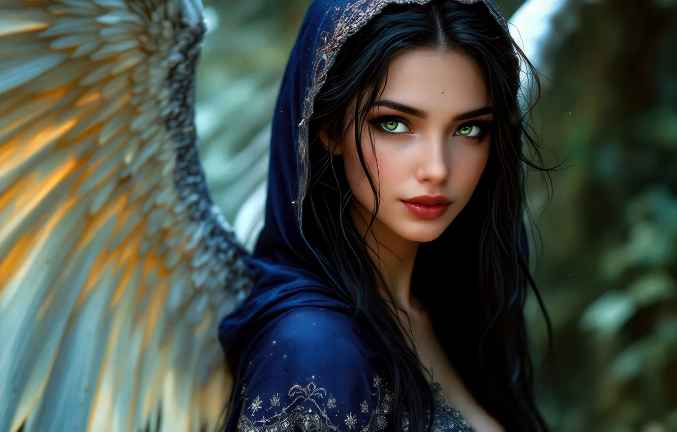 Photo wallpaper look, girl, portrait, wings, angel, feathers, brunette, fantasy