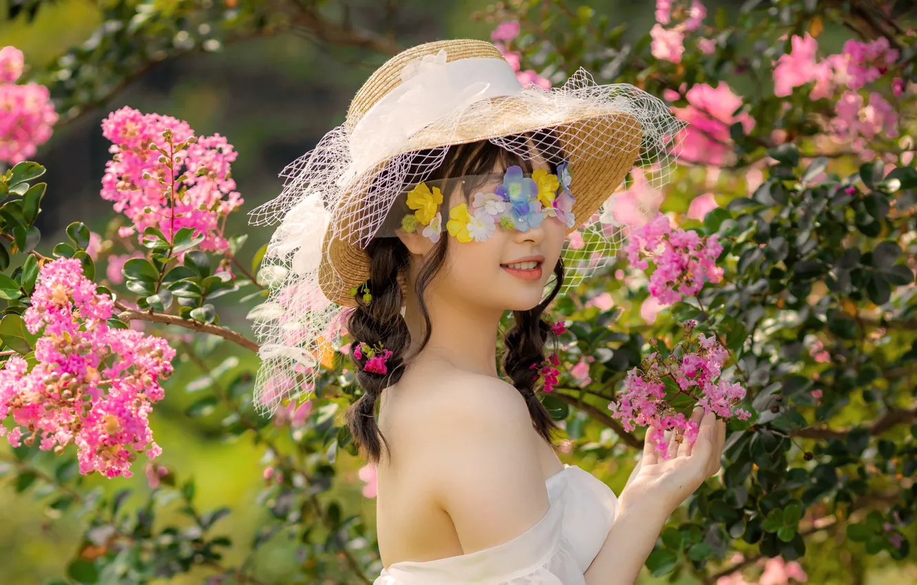 Wallpaper Summer Girl Flowers Nature Face Pose Garden Mask For