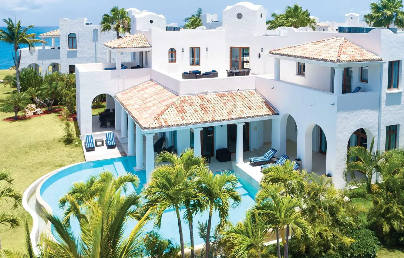 Photo wallpaper sea, palm trees, Villa, home, pool, architecture, buildings