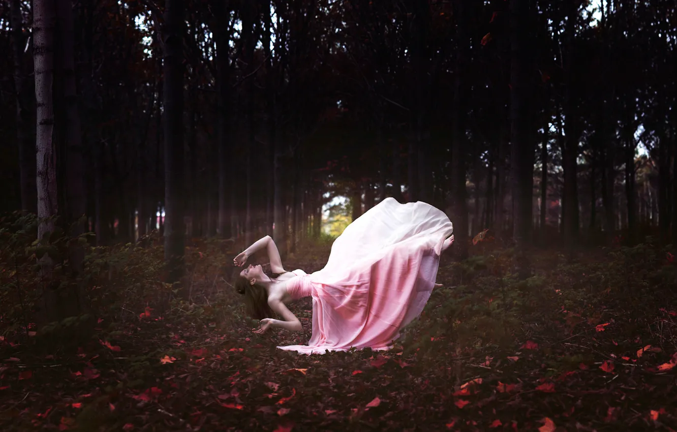 Photo wallpaper forest, girl, dress, in pink, levitation, Dreamland
