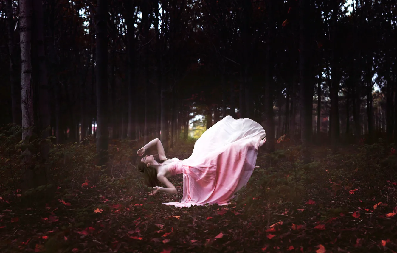 Photo wallpaper forest, girl, dress, in pink, dreamland, levitation
