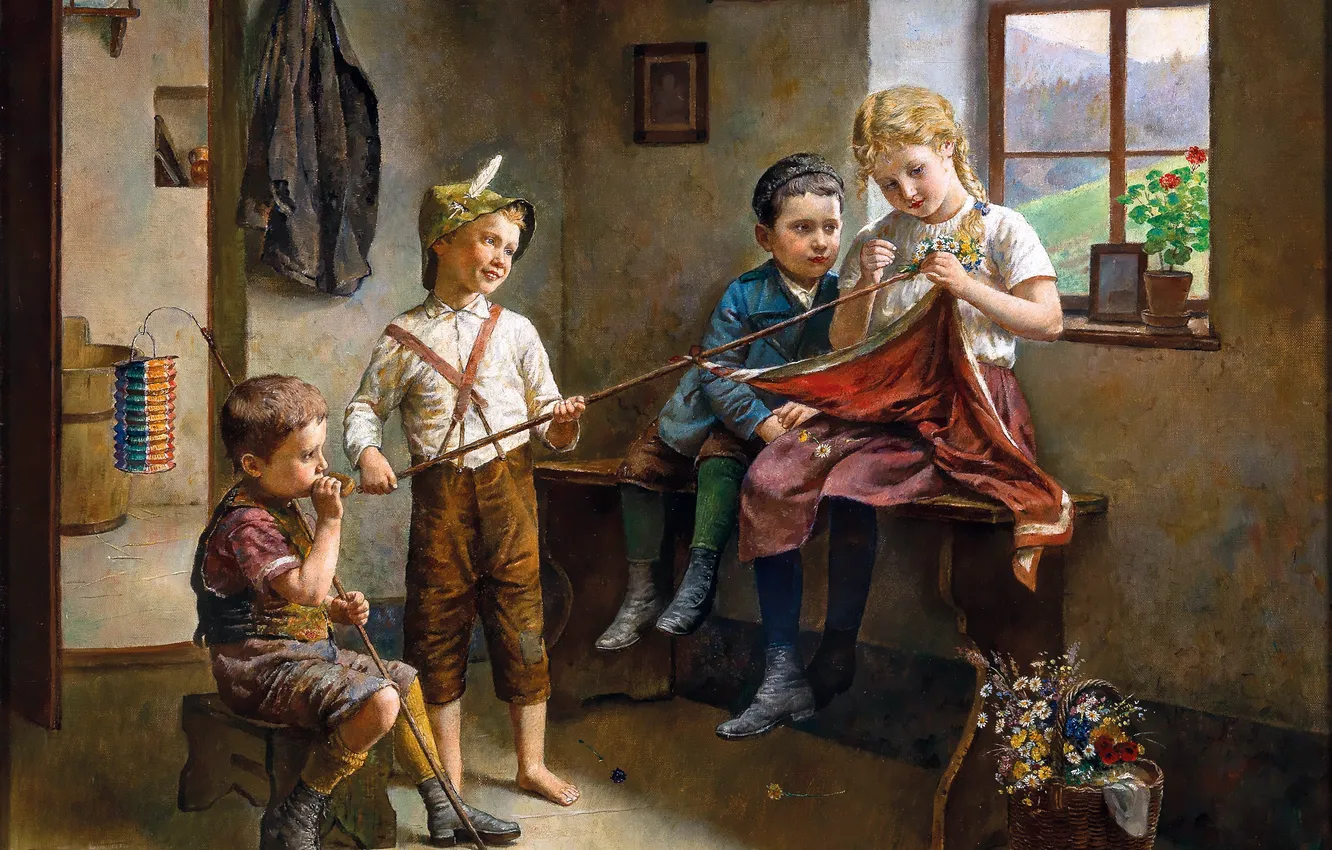 Photo wallpaper Children, Picture, Girl, Edmund Adler, Edmund Adler, Austrian artist, Preparing for the festival