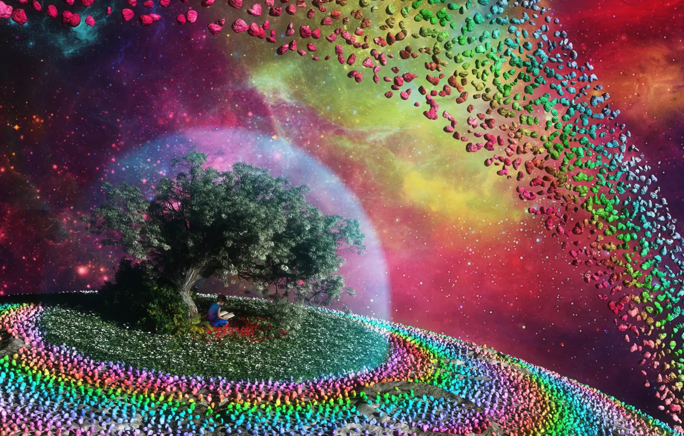 Photo wallpaper space, trees, stones, fantasy, rainbow, boy, sphere