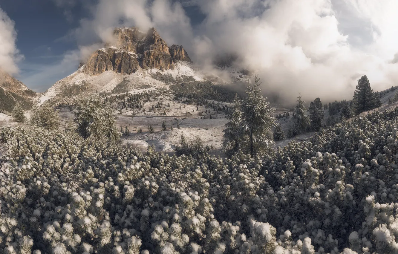 Photo wallpaper winter, clouds, snow, trees, mountains, valley