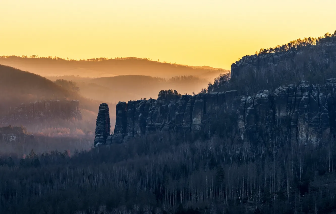 Photo wallpaper sunset, mountains, fog
