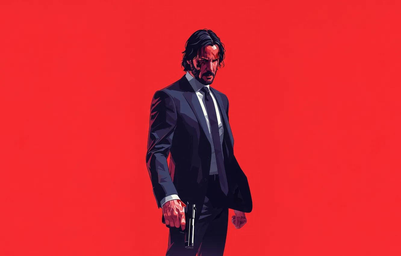 Photo wallpaper gun, art, costume, poster, red background, Keanu Reeves, Keanu Reeves, John Wick