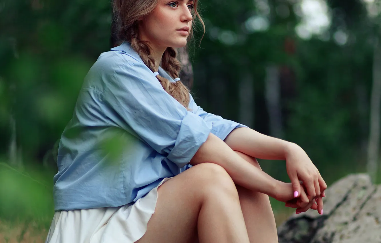 Photo wallpaper stones, feet, skirt, shirt, sitting, Tanya