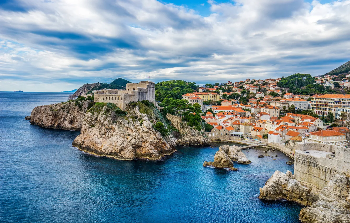 Photo wallpaper sea, the sky, clouds, trees, stones, rocks, coast, home
