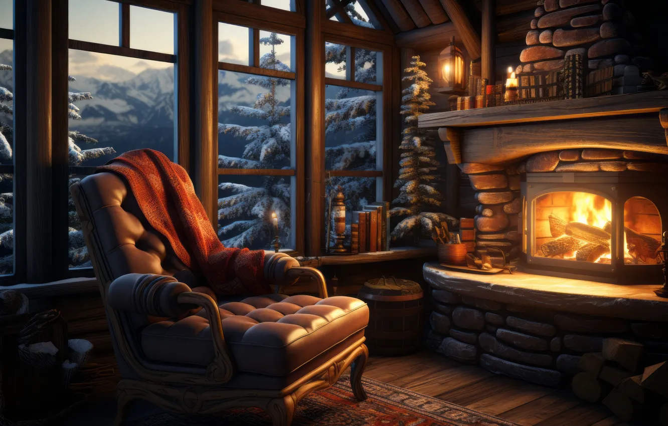 Photo wallpaper room, new year, interior, chair, Christmas, fireplace, Christmas, view