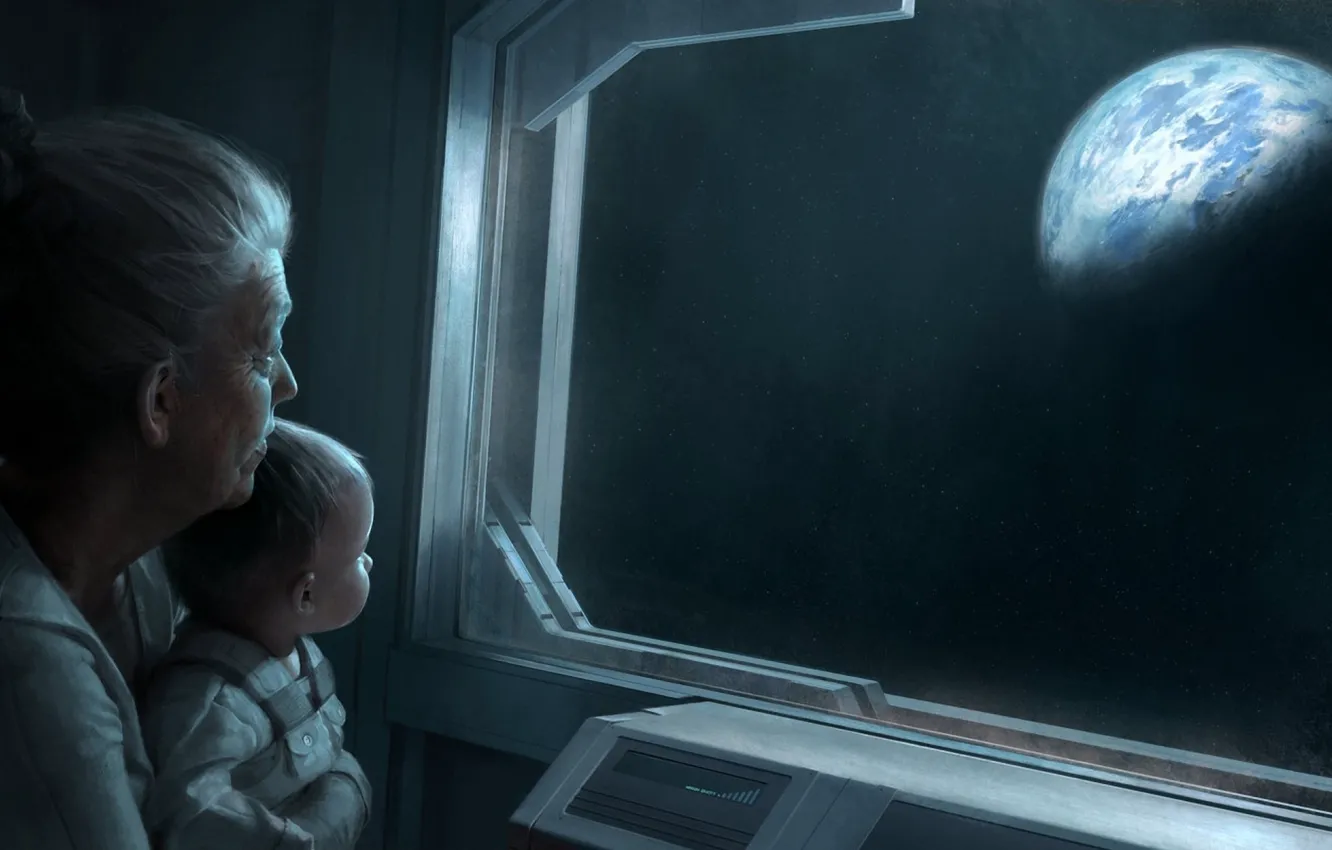 Photo wallpaper glass, children, earth, planet, grandma, space