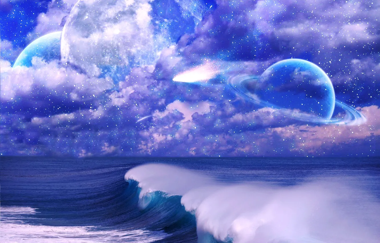 Photo wallpaper sea, wave, the sky, space, stars, clouds, planet, ring