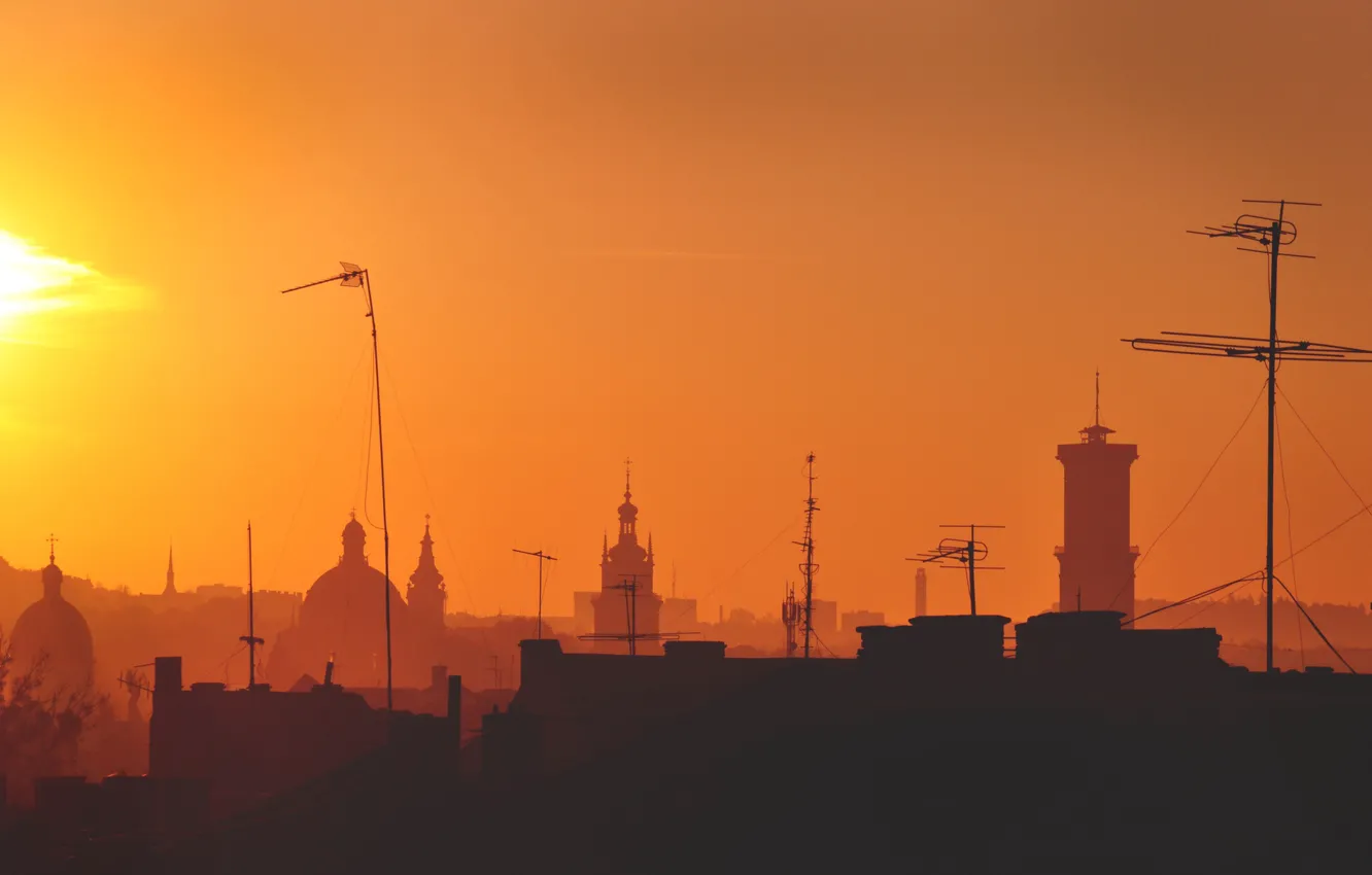 Photo wallpaper roof, sunset, antenna, panorama