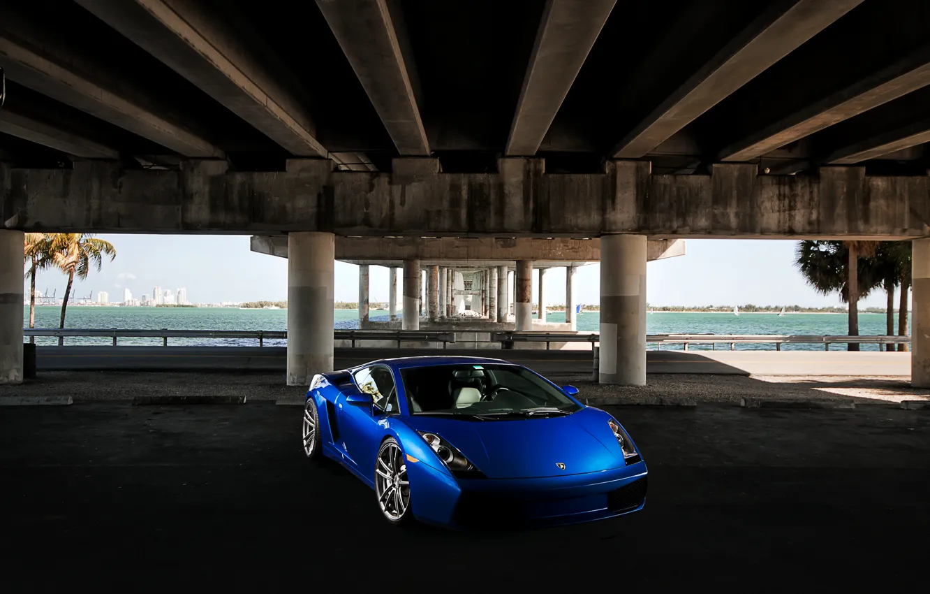 Photo wallpaper the sky, blue, bridge, palm trees, Lamborghini, Gallardo, Lamborghini, blue