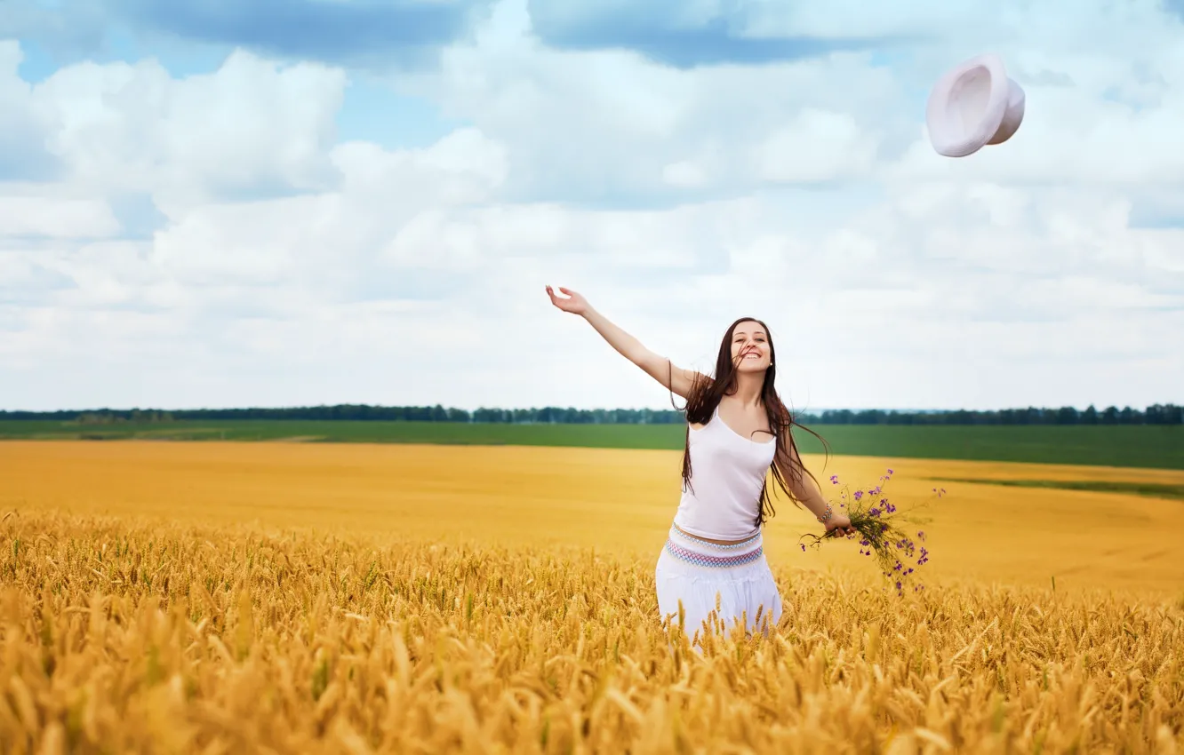 Photo wallpaper field, girl, trees, joy, happiness, smile, background, movement