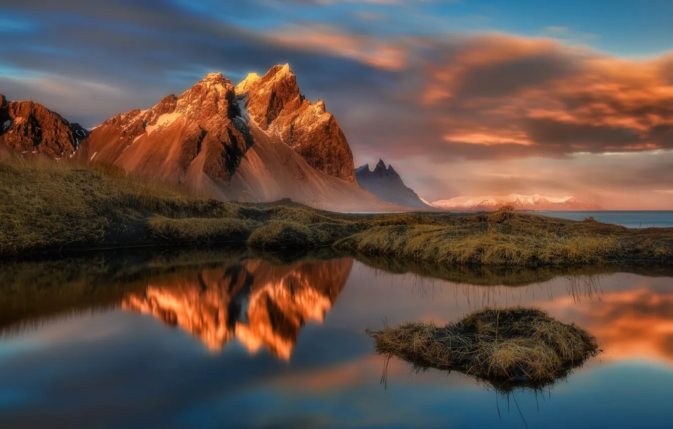 Photo wallpaper the sky, clouds, sunset, mountains, lake, the evening