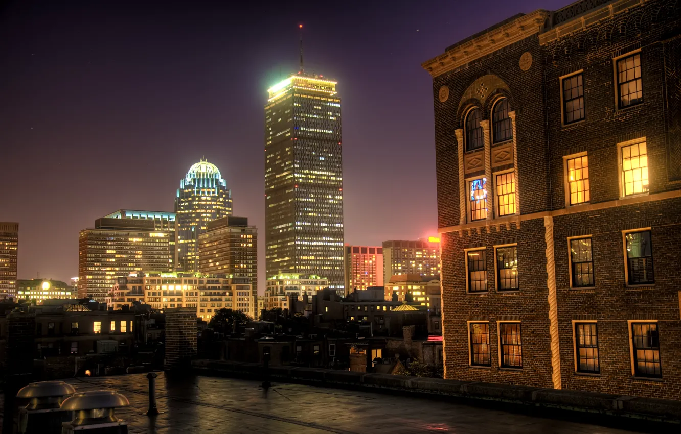 Photo wallpaper night, Windows, home, Center, Boston, Prudential, Night