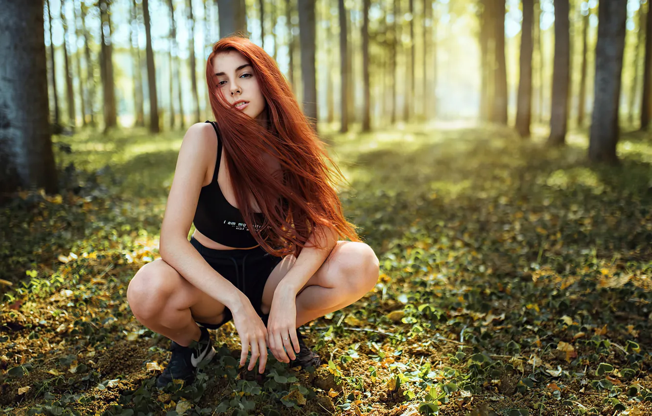 Photo wallpaper trees, stay, red hair, the rays of the sun, trees, charm, sun rays, rest