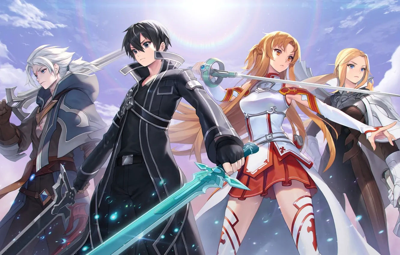 Photo wallpaper the sky, clouds, weapons, girls, anime, guys, Sword Art Online