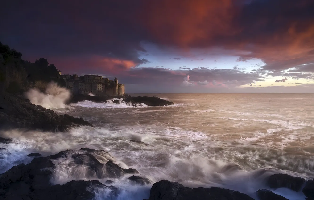 Photo wallpaper storm, Italy, sunset, Liguria, Tellaro
