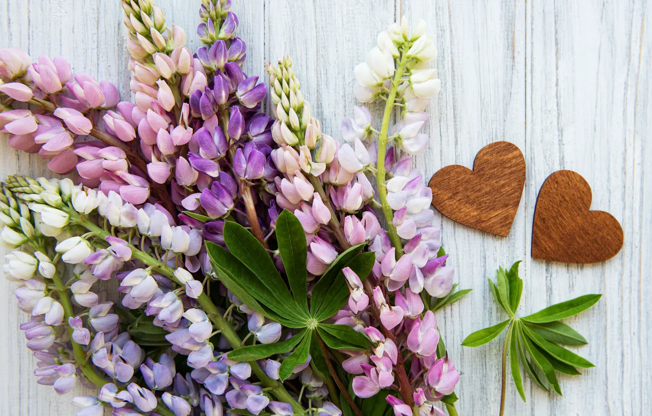 Photo wallpaper flowers, bouquet, hearts, Lupin