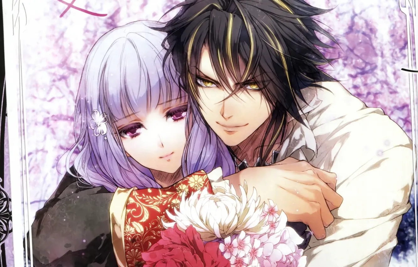 Photo wallpaper look, girl, flowers, the game, bouquet, anime, guy, queen of the flowers