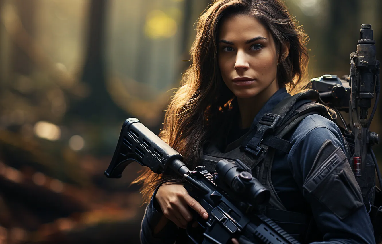 Photo wallpaper gun, long hair, military, model, army, women, brunette, looking at viewer