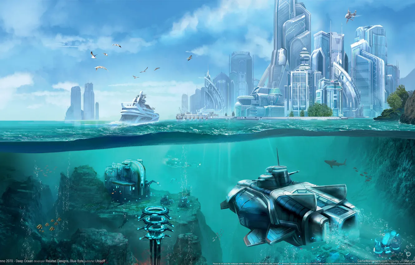 Photo wallpaper the sky, the city, future, the ocean, ship, seagulls, station, underwater world
