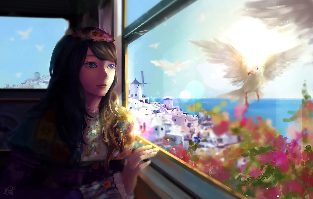 Photo wallpaper girl, flowers, birds, the city, the ocean, anime, window, art