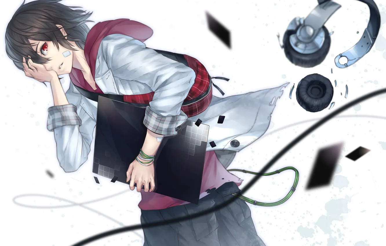 Photo wallpaper look, girl, background, wire, surprise, headphones, bag, art