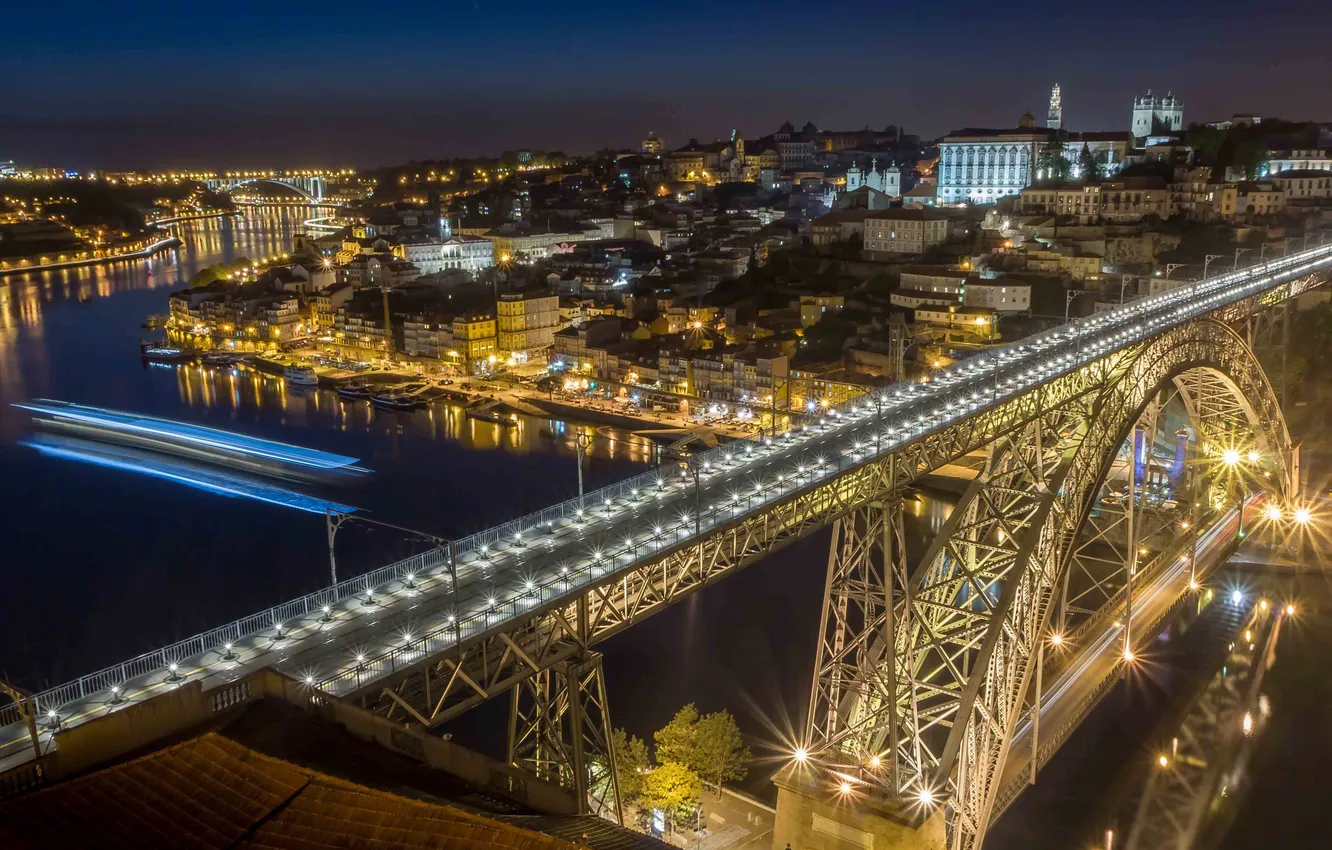 Photo wallpaper roof, night, lights, mirror, Portugal, Porto, Ponte Luis I, Douro River