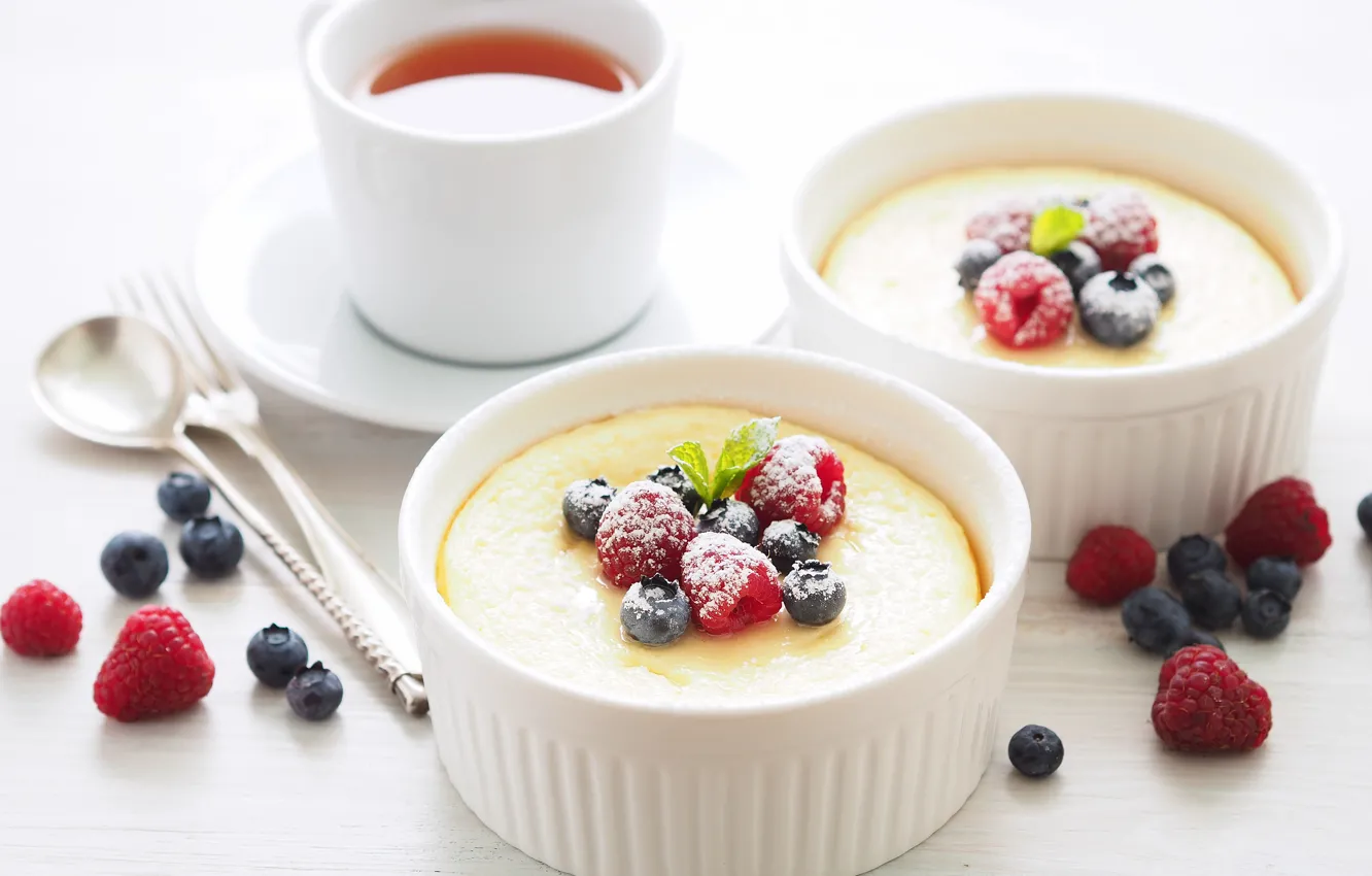 Photo wallpaper berries, tea, Cup, dessert, pudding, Good Cream