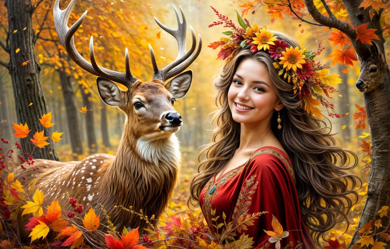 Photo wallpaper autumn, forest, girl, deer, wreath